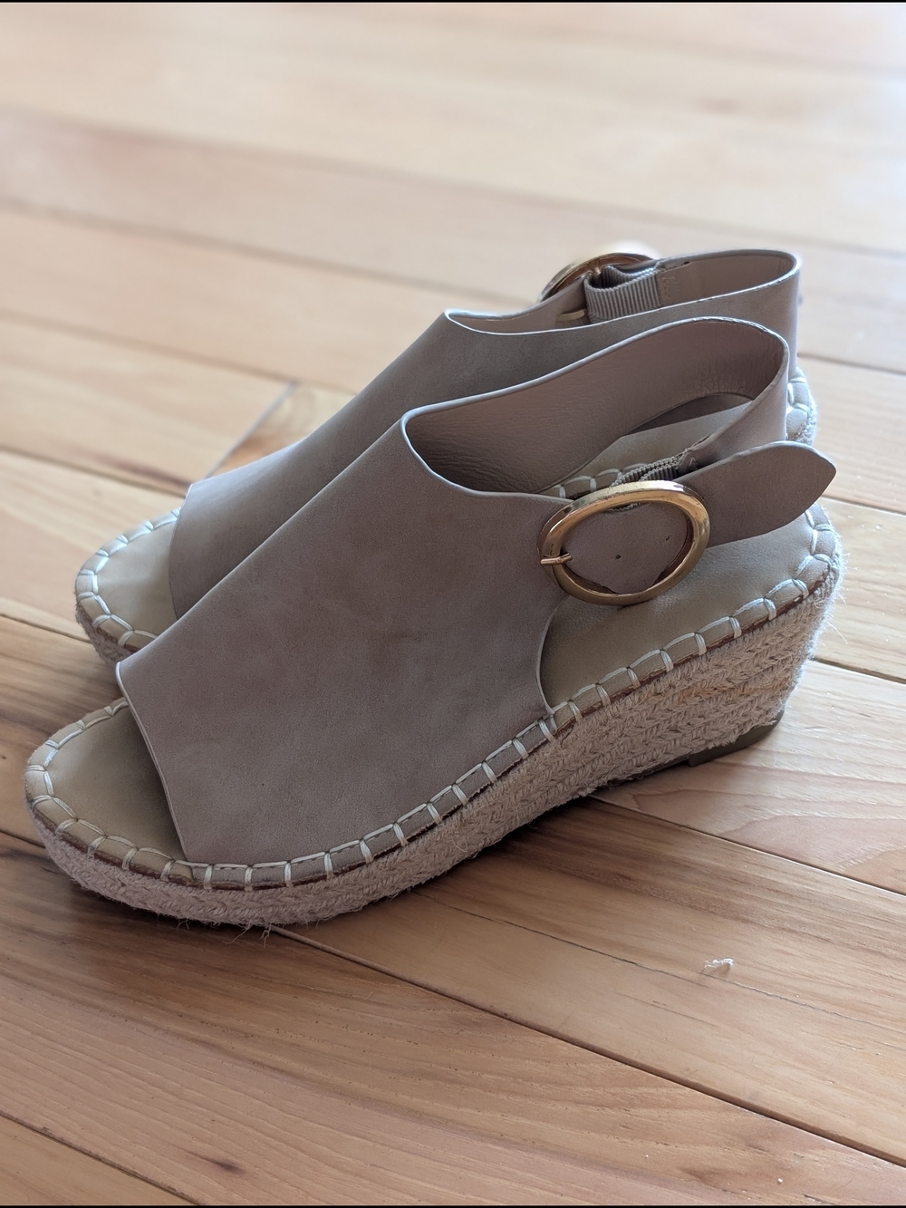 Catherine Malandrino Leather Taupe Espadrille Wedge Sandals with Gold Buckle